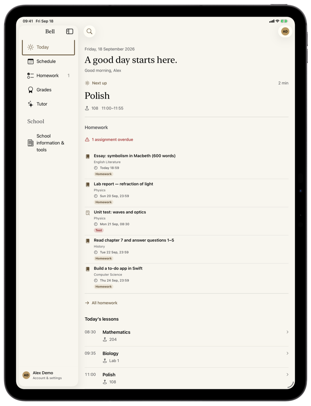 Bell on an iPad Pro: the same sidebar, with the day and the deadlines side by side.