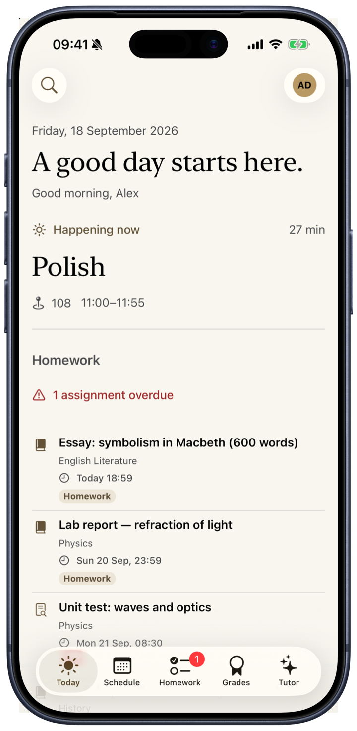 Bell on an iPhone 17 Pro: the Today screen, the next lesson, and the homework due.