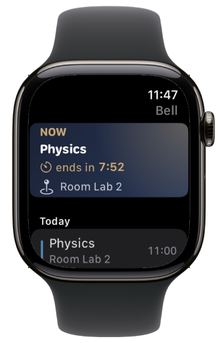 Bell on an Apple Watch Series 11: the lesson happening now and how long is left of it.