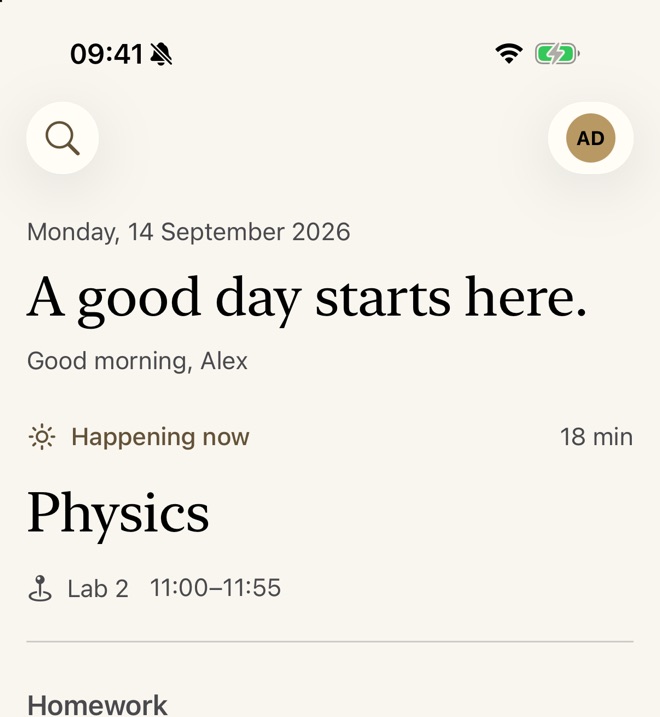 The Today screen in the Editorial style: a serif headline on warm paper, with no card around it.