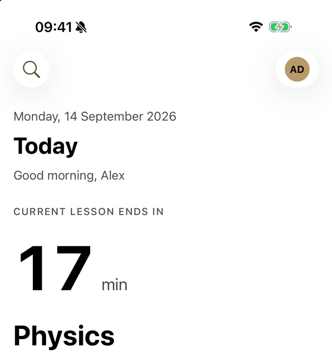 The Today screen in the Focus style: bold type, one clear next step, no decoration.