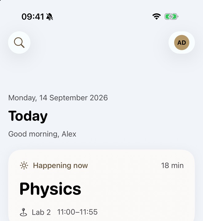 The Today screen in the Native style: quiet cards with soft depth.