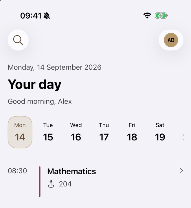 The Today screen in the Timeline style: lessons down a rail with the times set in a typewriter face.
