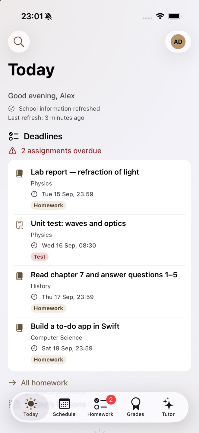Bell's Today screen: a greeting, the work due, and the tab bar. The pupils and marks are made up.