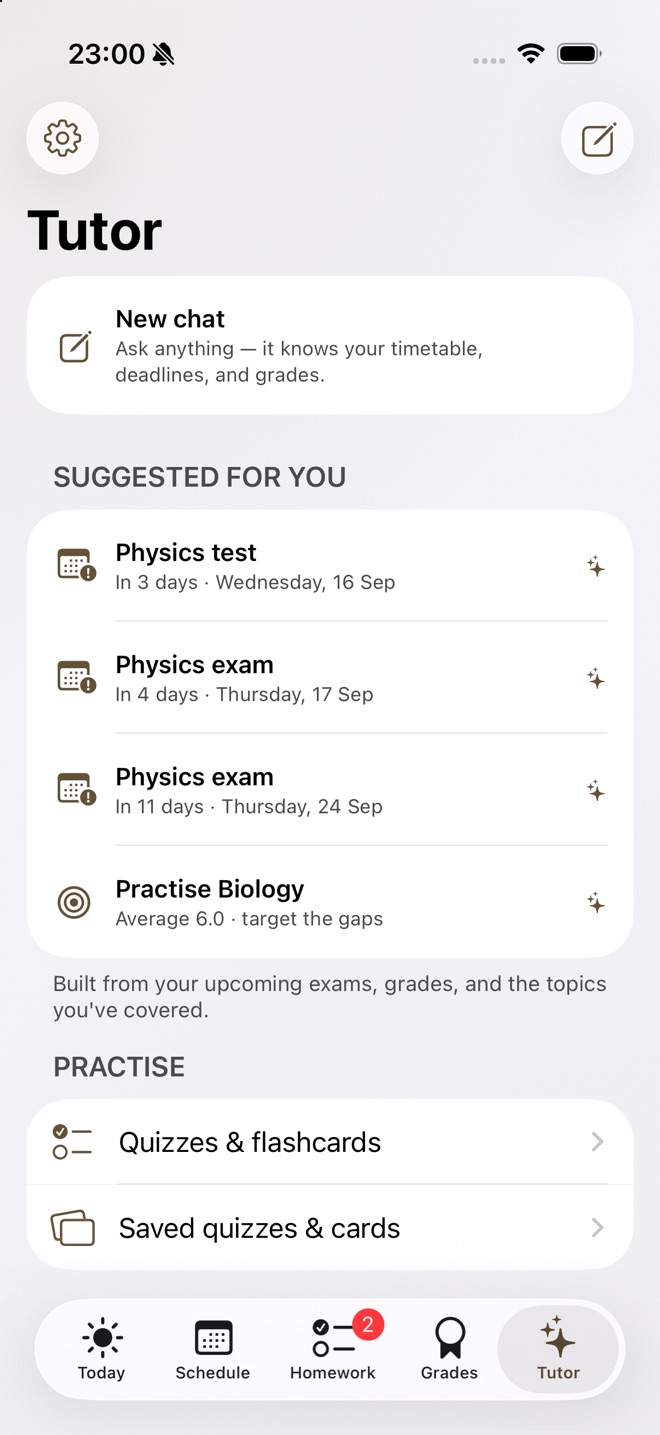 The tutor screen suggesting revision before an upcoming physics test.