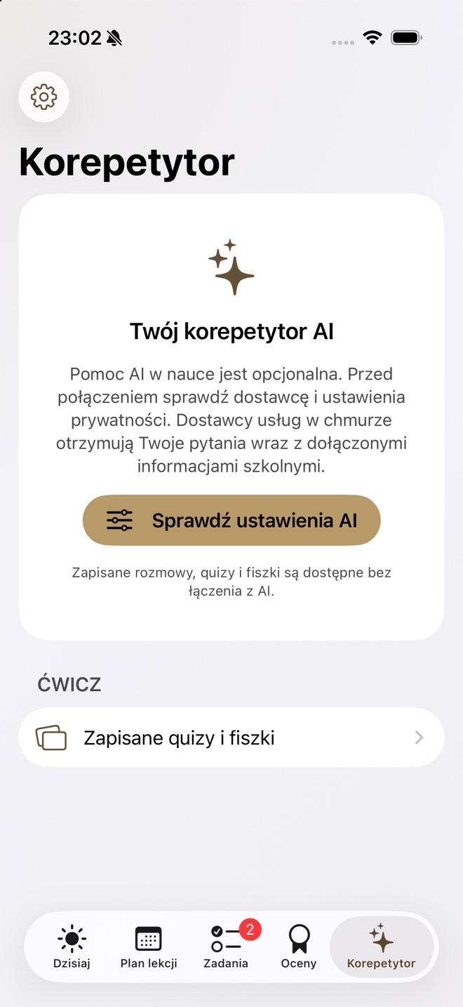 Ekran korepetytora proponujący powtórkę przed sprawdzianem z fizyki.