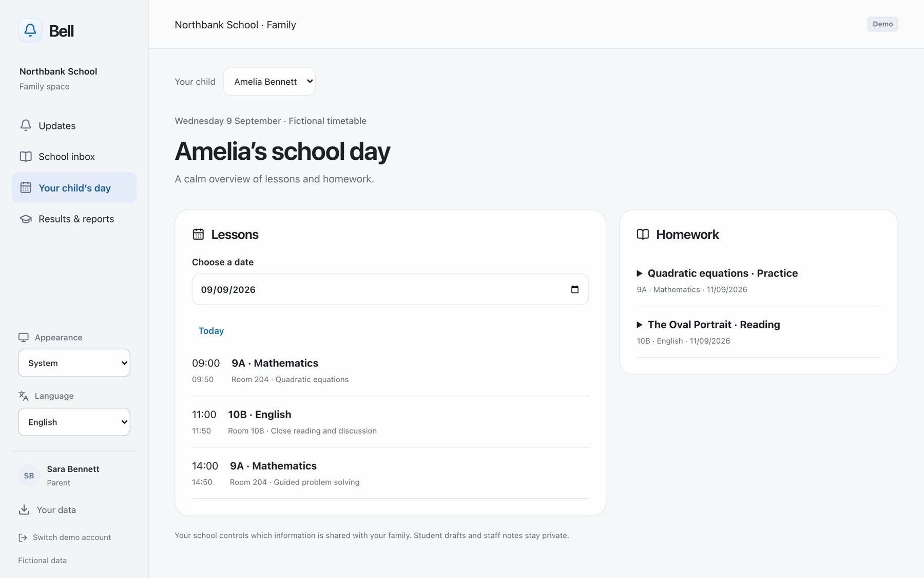A parent's view: Amelia's school day, three lessons with rooms and topics, two pieces of homework due, and a note that the school controls what is shared.
