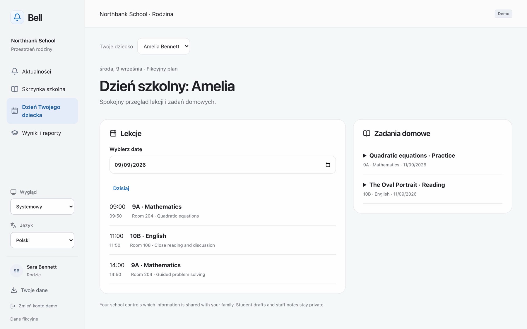 Widok rodzica: dzień szkolny Amelii, trzy lekcje z salami i tematami, dwie prace domowe do oddania i dopisek, że o zakresie udostępnianych informacji decyduje szkoła.