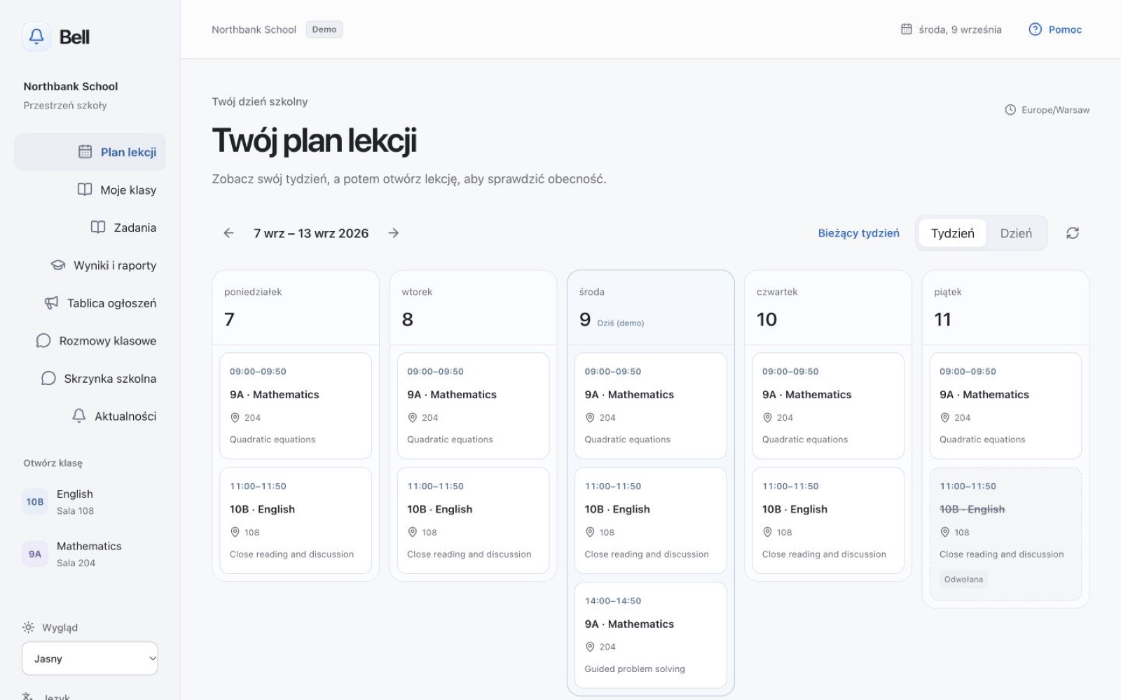 Tydzień nauczyciela w planie lekcji Bell